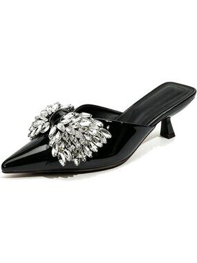 Women's Black Rhinestone Bow Kitten Heel Pointed Toe Low Heel Slide Sandals